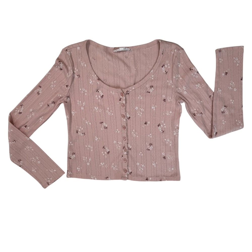 Womens Floral Y2K Cardigan Top Sz Med Pink Button Front Cropped - Picture 3 of 14
